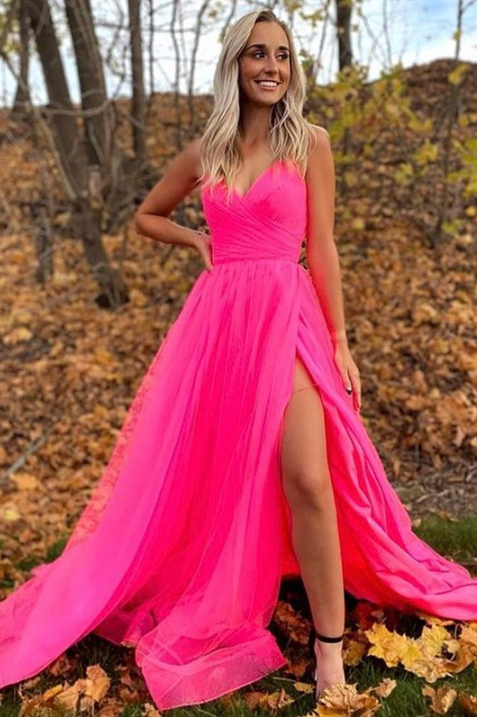 A Line V Neck Hot Pink Prom Dresses ...